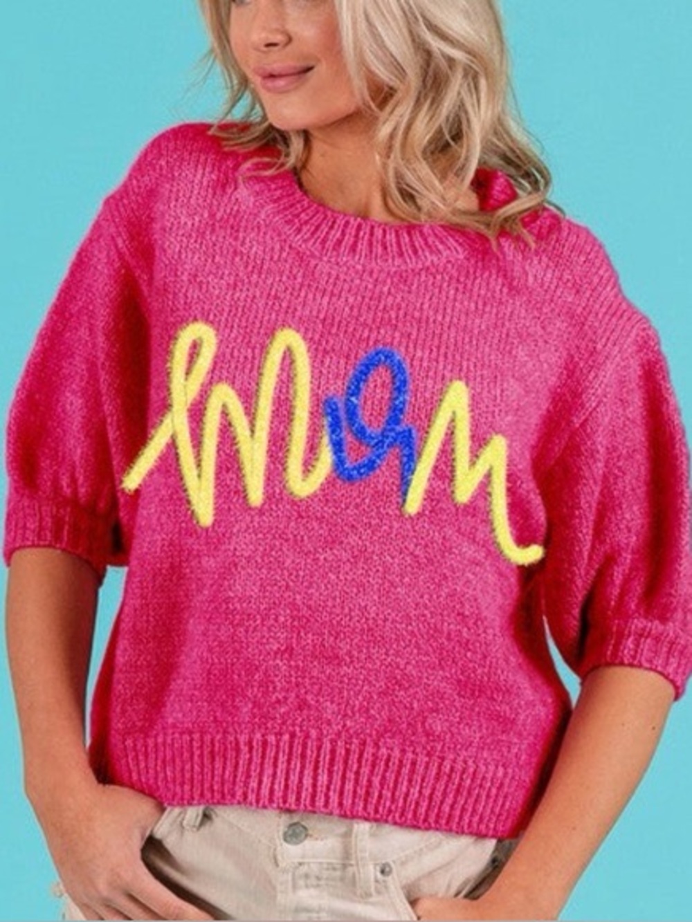 BIBI Metallic MOM Tinsel Short Puff-Sleeve Sweater Oversized Festive